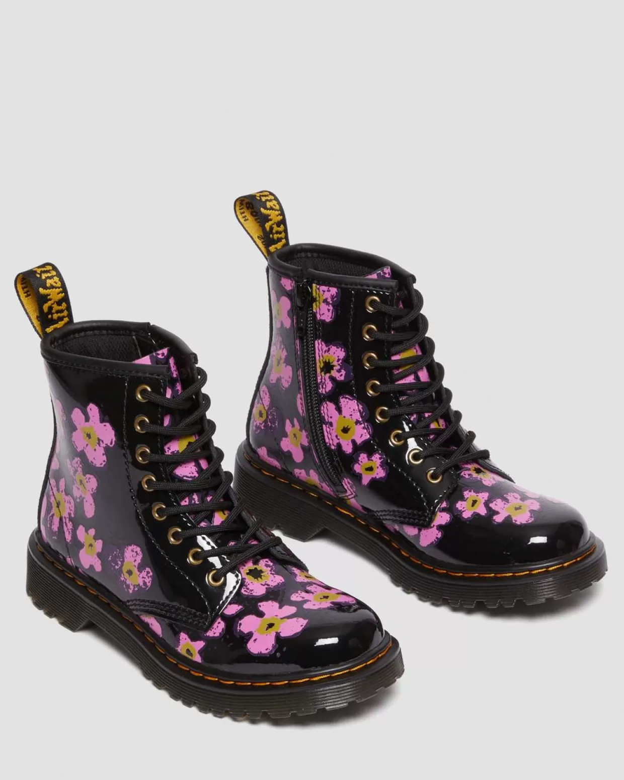KIDS Dr. Martens Stivali 1460 junior in pelle verniciata con motivi floreali