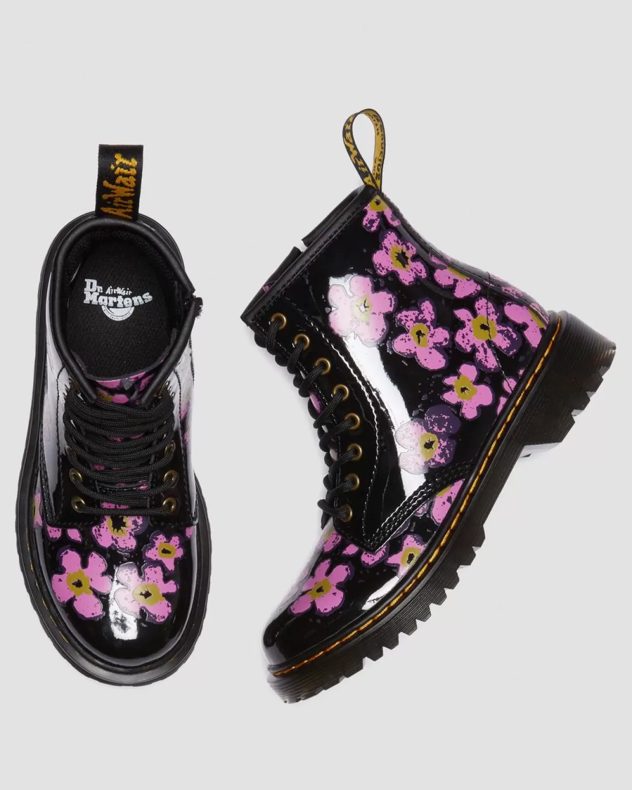 KIDS Dr. Martens Stivali 1460 junior in pelle verniciata con motivi floreali