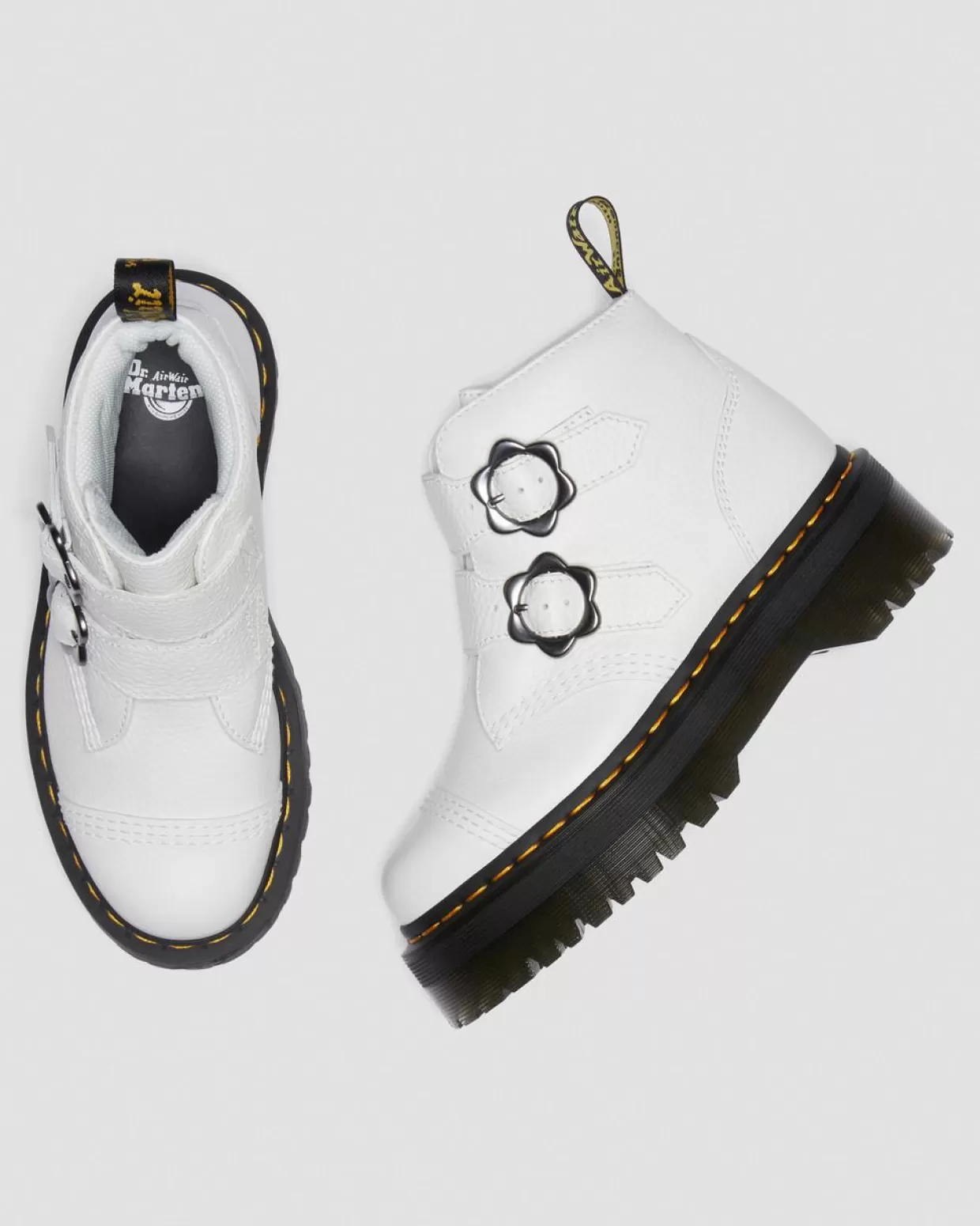 WOMENS Dr. Martens Stivali Platform Devon in pelle nappa fresata con fibbia a fiore
