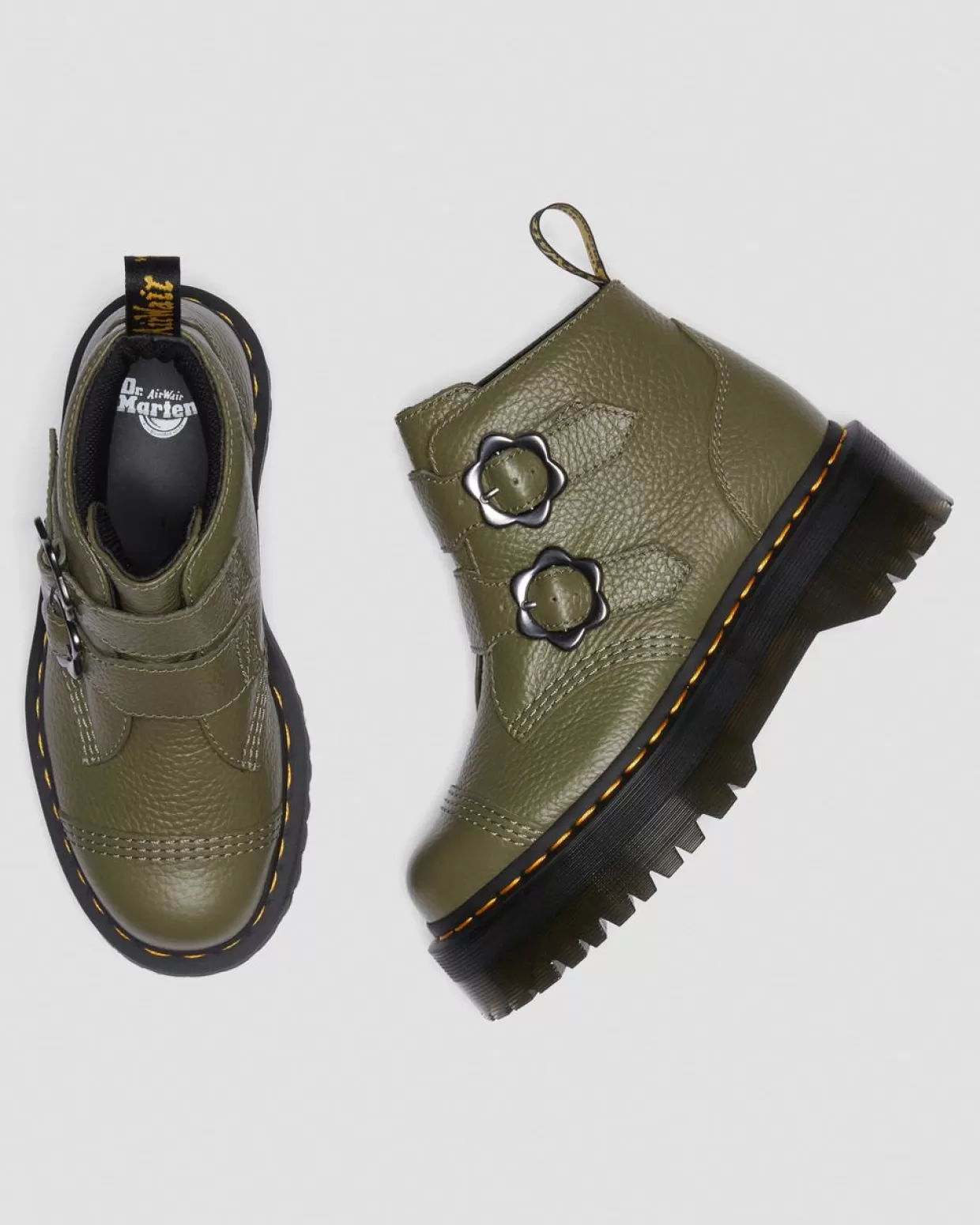 WOMENS Dr. Martens Stivali Platform Devon in pelle nappa fresata con fibbia a fiore