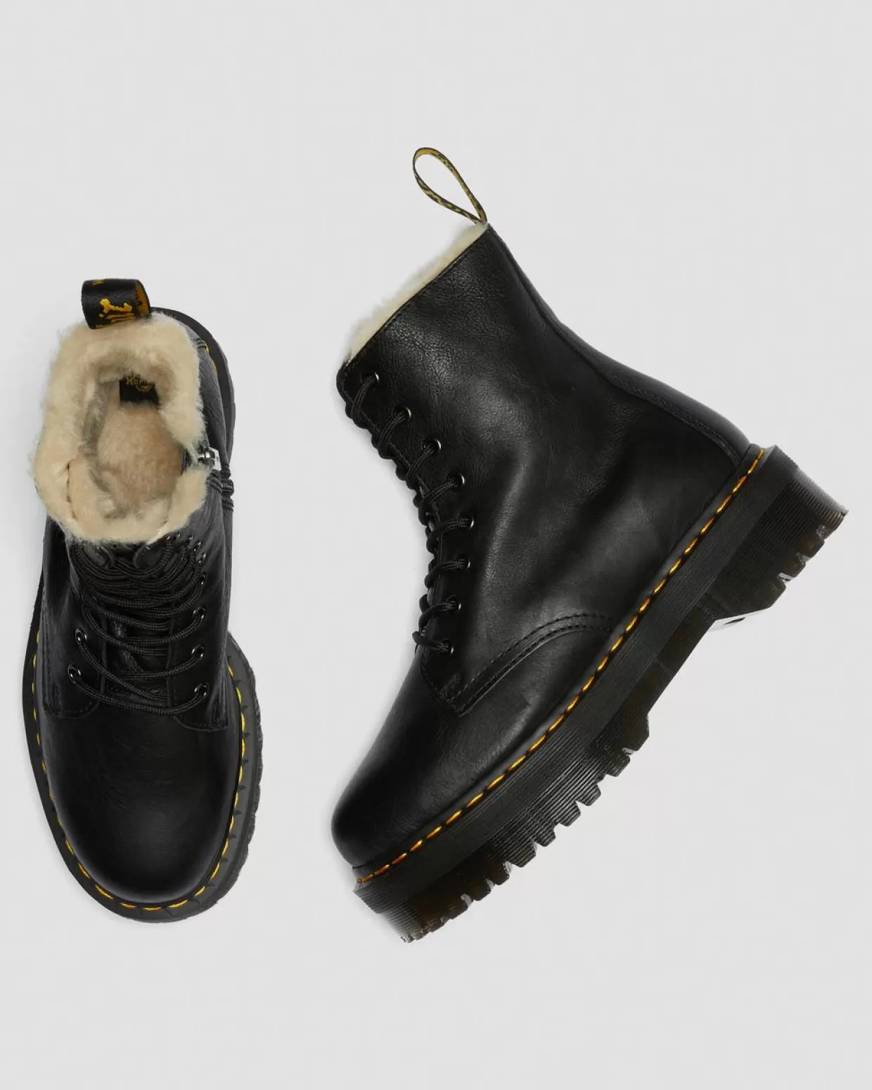 WOMENS Dr. Martens Stivali platform Jadon in pelle con rivestimento in pelliccia sintetica