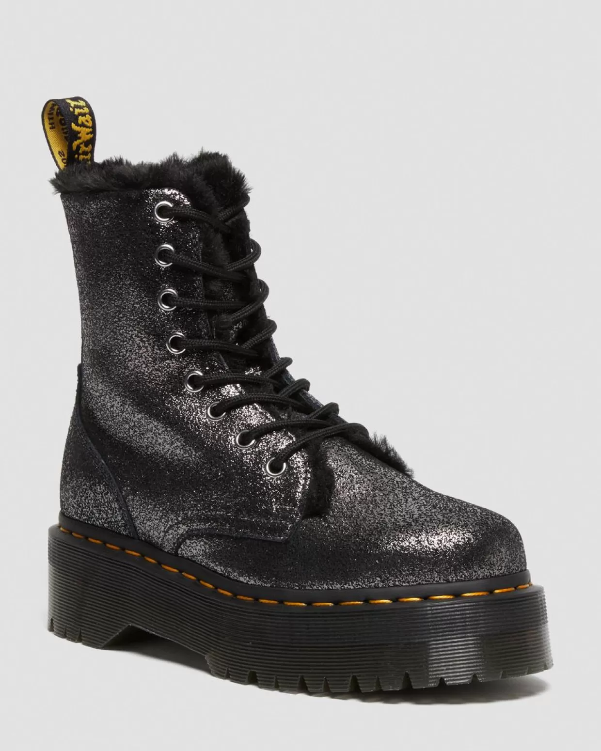 WOMENS Dr. Martens Stivali Platform Jadon In Pelle Laminata Con Rivestimento Interno In Pelliccia Sintetica