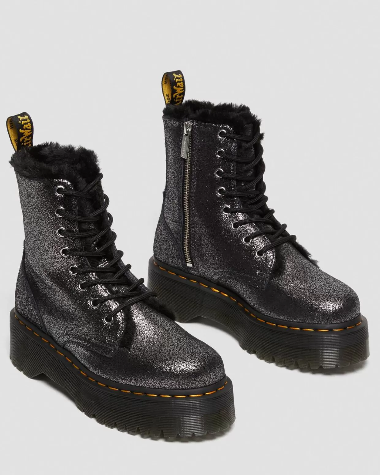 WOMENS Dr. Martens Stivali Platform Jadon In Pelle Laminata Con Rivestimento Interno In Pelliccia Sintetica