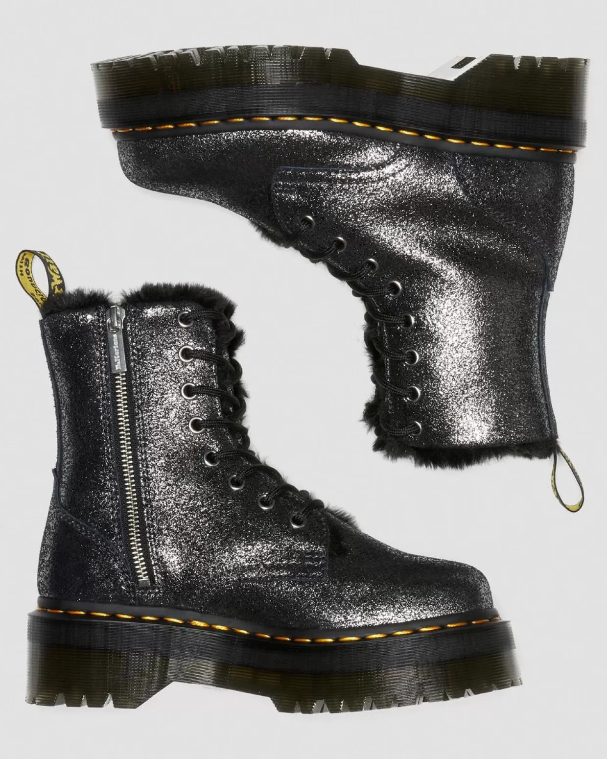 WOMENS Dr. Martens Stivali Platform Jadon In Pelle Laminata Con Rivestimento Interno In Pelliccia Sintetica