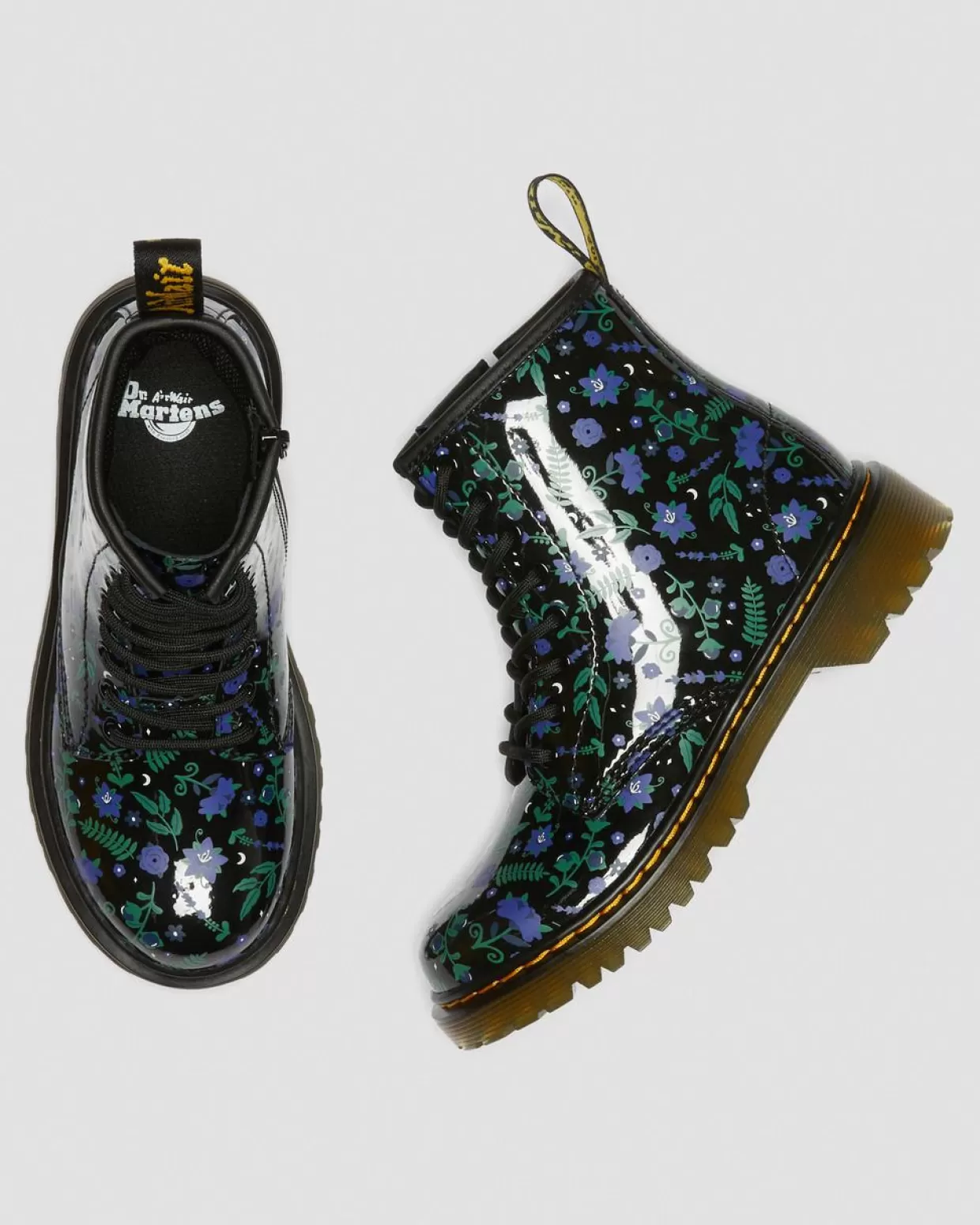 UNISEX Dr. Martens Stivali stringati 1460 Mystic per bambini con motivo floreale in pelle verniciata